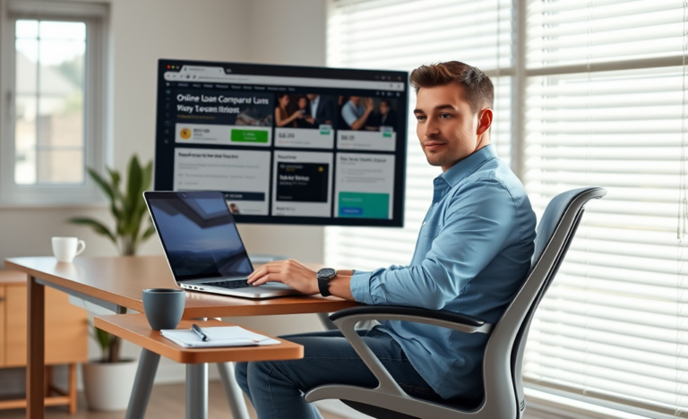 Young New Zealander comparing online loans on a laptop in a bright modern home office setting with natural light streaming in