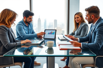 Diverse group of adults in a modern office comparing fast loan options around a glass table with tablets and laptops