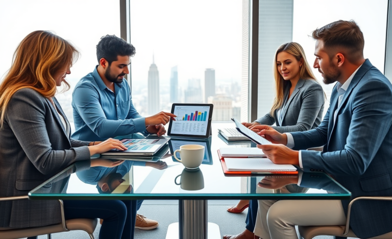 Diverse group of adults in a modern office comparing fast loan options around a glass table with tablets and laptops