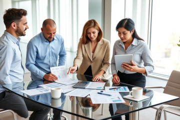 Diverse group of adults in a modern office comparing loan documents and charts for smarter borrowing choices under natural daylight