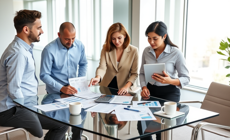Diverse group of adults in a modern office comparing loan documents and charts for smarter borrowing choices under natural daylight