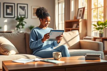 A young woman using a tablet at home to carefully compare personal loan options with documents and coffee on the table