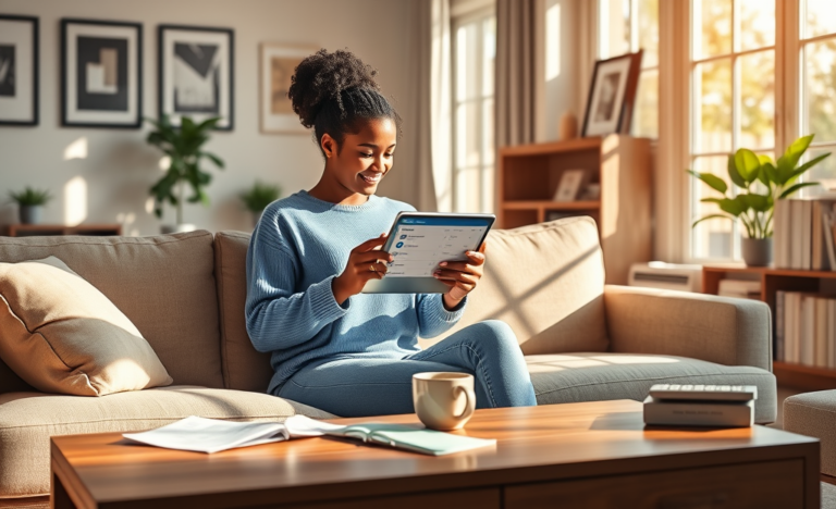 A young woman using a tablet at home to carefully compare personal loan options with documents and coffee on the table