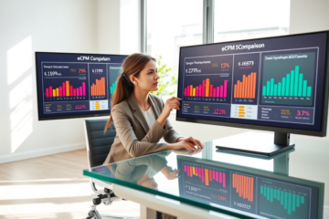 Professional woman analyzing detailed high eCPM SEO comparison charts on dual monitors in a bright modern office for faster loan decisions