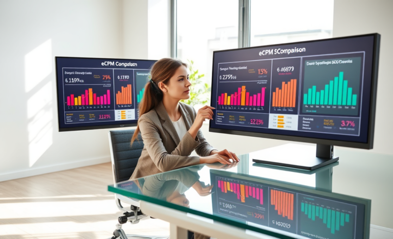 Professional woman analyzing detailed high eCPM SEO comparison charts on dual monitors in a bright modern office for faster loan decisions