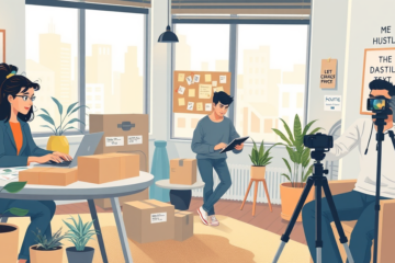 Young adults working energetically on diverse side hustle ideas in a warm, modern home office filled with laptops, crafts, and digital devices