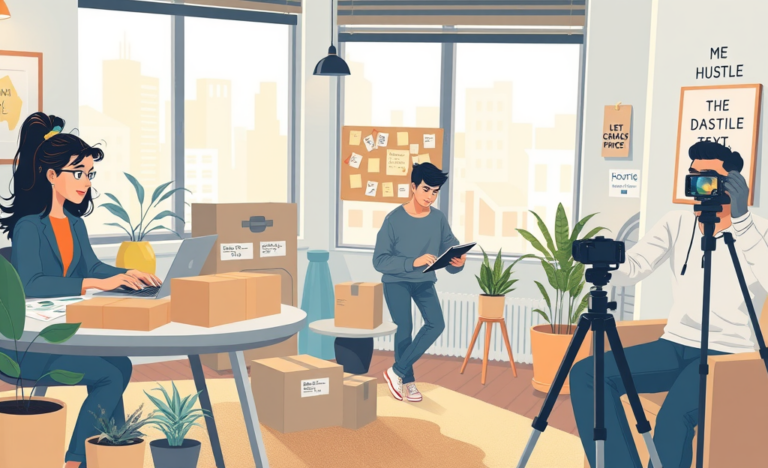 Young adults working energetically on diverse side hustle ideas in a warm, modern home office filled with laptops, crafts, and digital devices