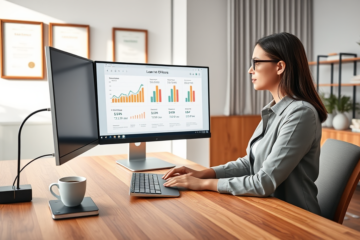 Young woman compares online loan rates on a large desktop screen in a bright modern home office, focused on finding better rates fast