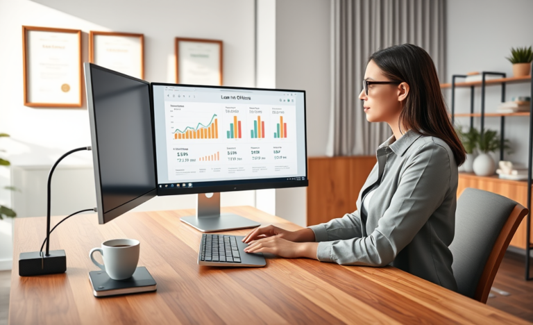 Young woman compares online loan rates on a large desktop screen in a bright modern home office, focused on finding better rates fast