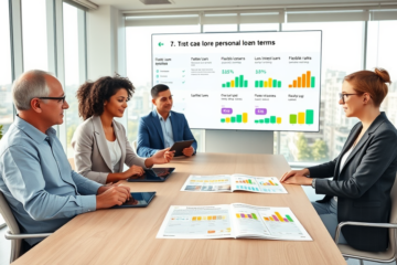 Diverse group in a bright office comparing flexible personal loan options in NZ using tablets and visual charts on a digital screen