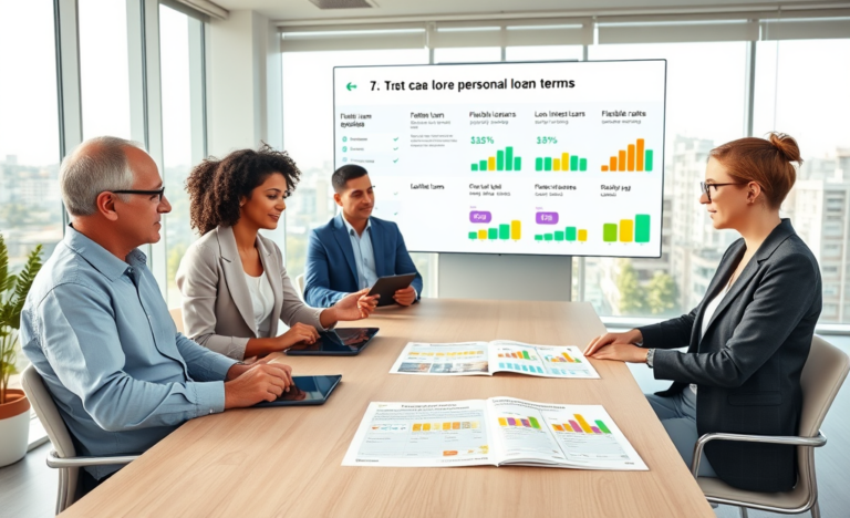 Diverse group in a bright office comparing flexible personal loan options in NZ using tablets and visual charts on a digital screen
