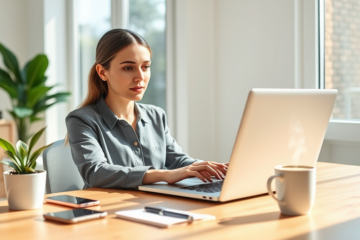 Young professional woman comparing online credit options on a laptop in a bright home office with natural light and minimalistic decor