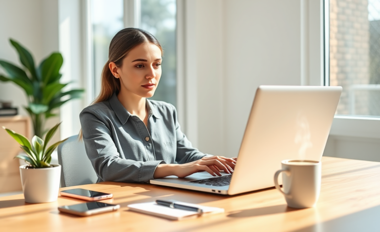 Young professional woman comparing online credit options on a laptop in a bright home office with natural light and minimalistic decor