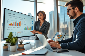 Two professionals collaborating over SEO data and ad revenue graphs in a bright modern office with city skyline backdrop