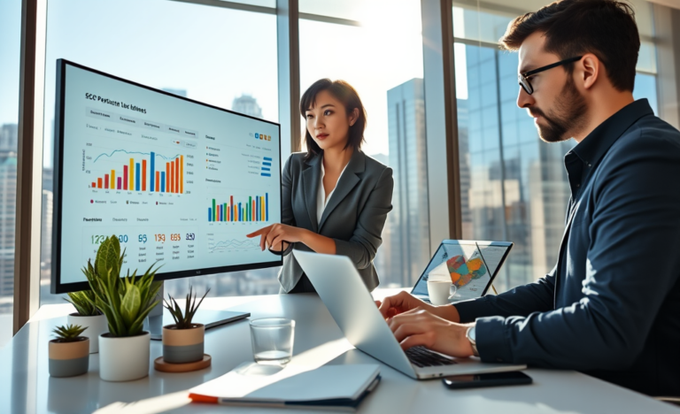 Two professionals collaborating over SEO data and ad revenue graphs in a bright modern office with city skyline backdrop