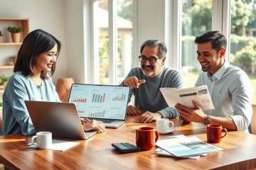 Three diverse New Zealand adults comparing personal loans online around a table in a bright home office with laptop and documents