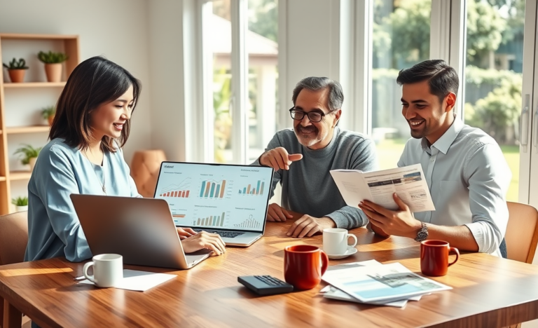 Three diverse New Zealand adults comparing personal loans online around a table in a bright home office with laptop and documents